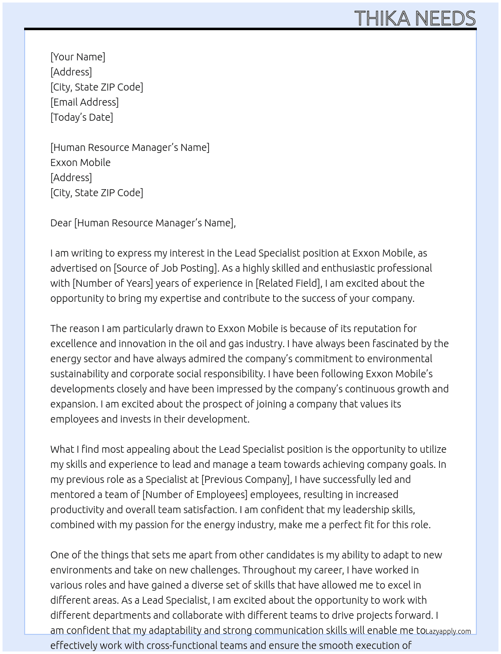 Lead Specialist At Exxon Mobile Cover Letter