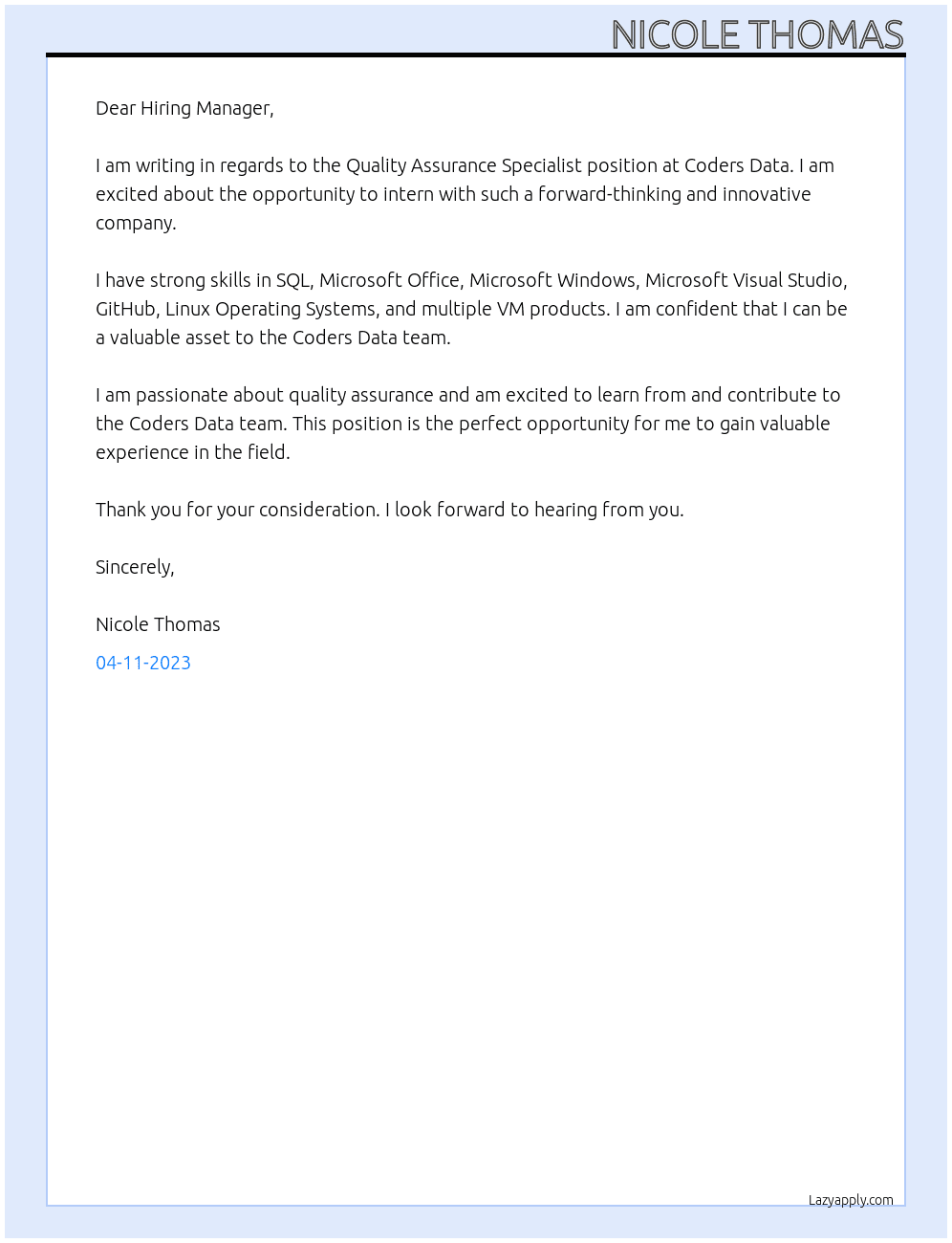 Quality Assurance Specialist At Coders Data Cover Letter