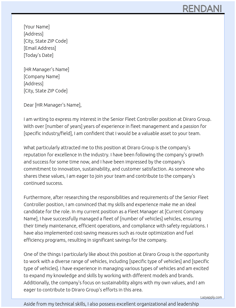 Senior fleet controller  At Diraro group Cover Letter