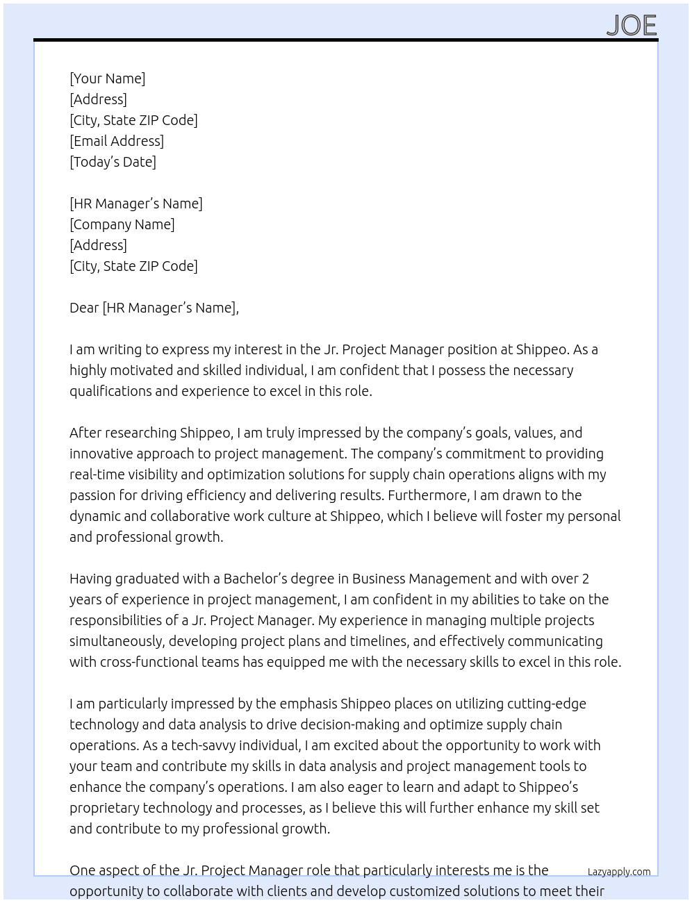 Jr. Project Manager At Shippeo Cover Letter