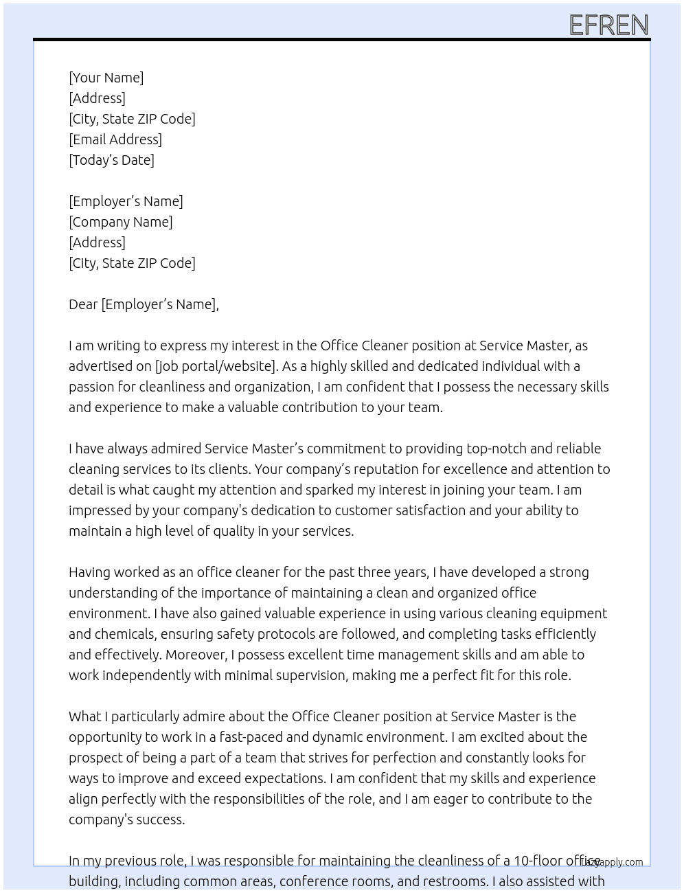 office cleaner At service master Cover Letter
