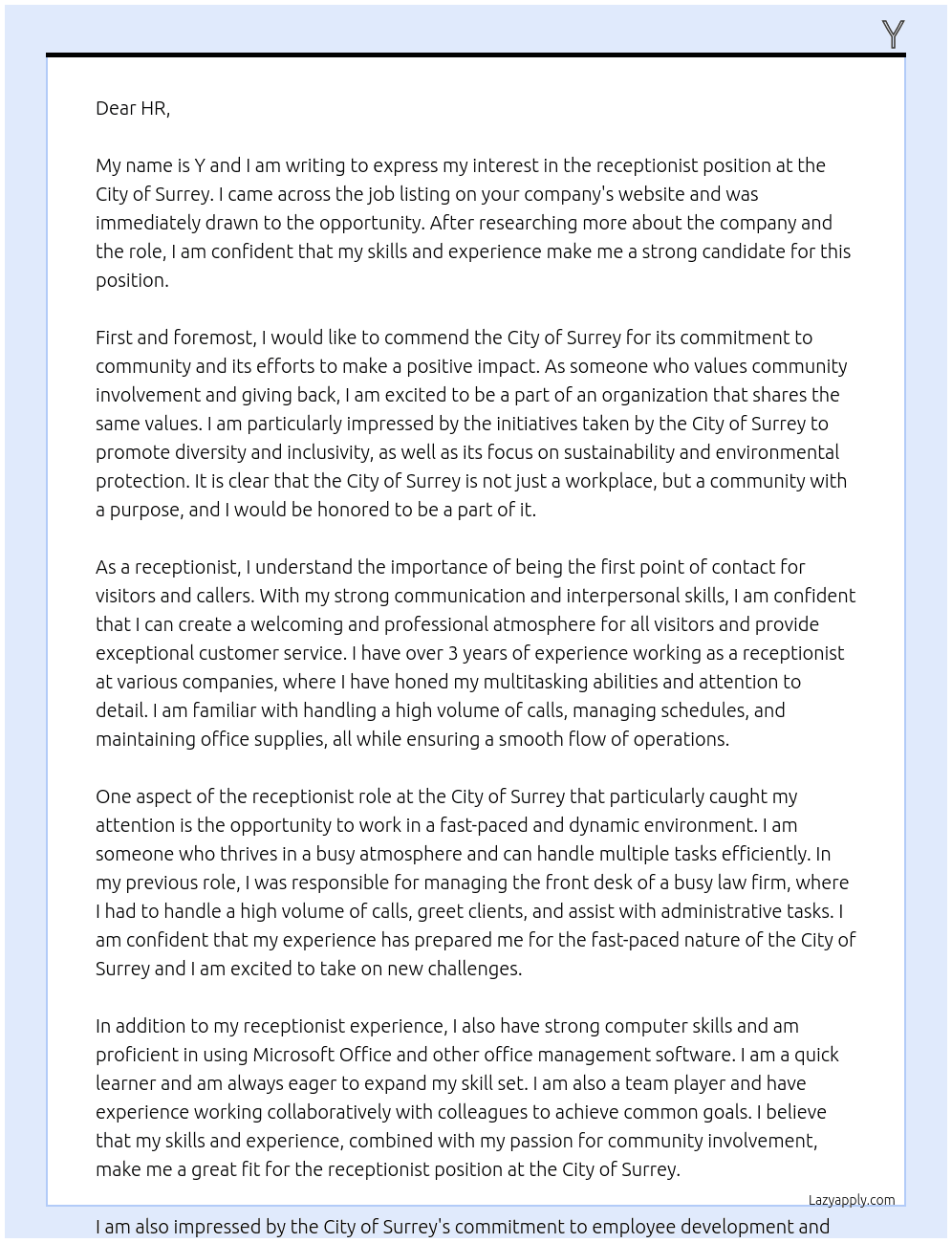 receptionist At city of surrey Cover Letter