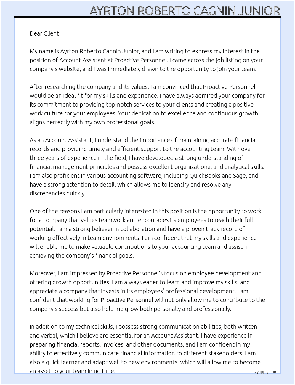 Account Assistant At Proactive Personnel Cover Letter