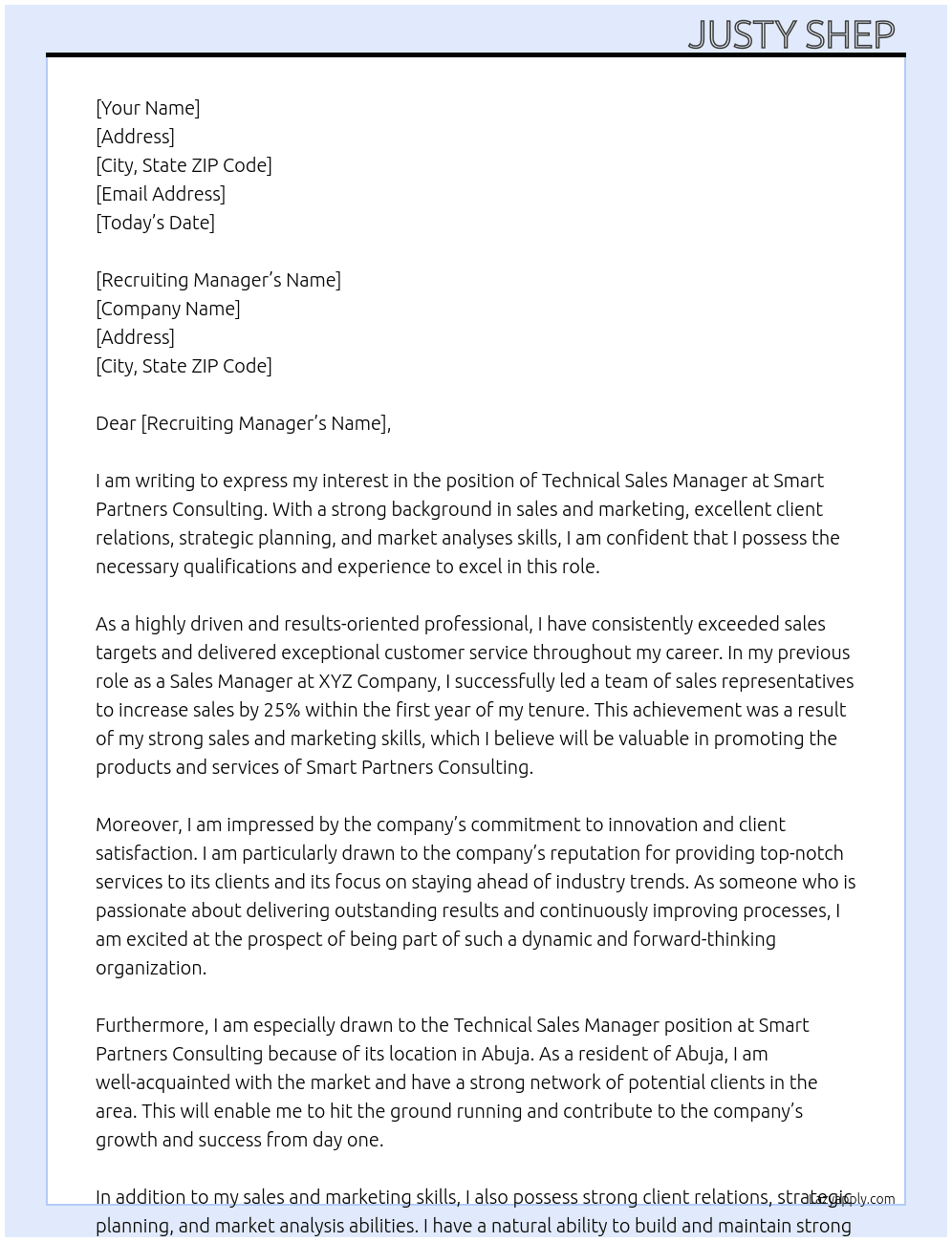 TECHNICAL SALES MANAGER At Smart Partners Consulting Cover Letter