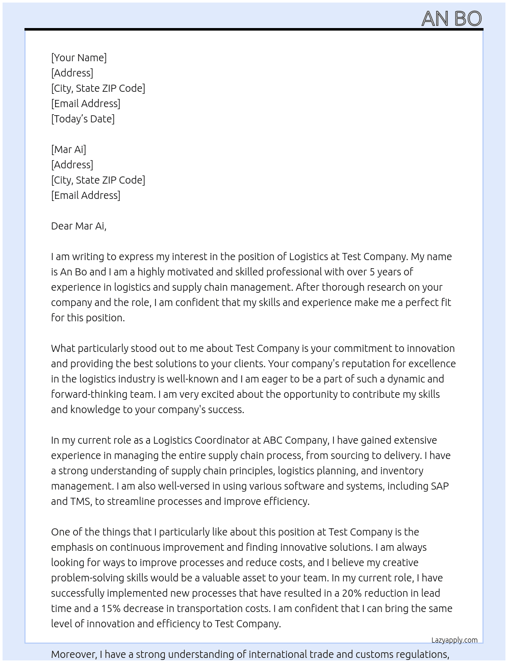 LoigicTics At Test company Cover Letter