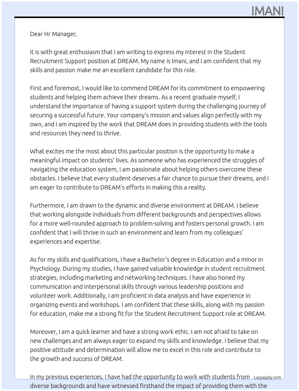 Student Recruitment Support  At DREAM Cover Letter