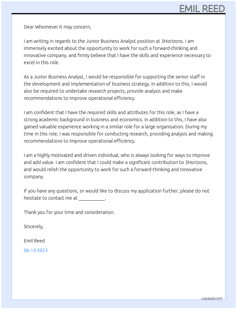Junior Business analyst At 3Horizons Cover Letter