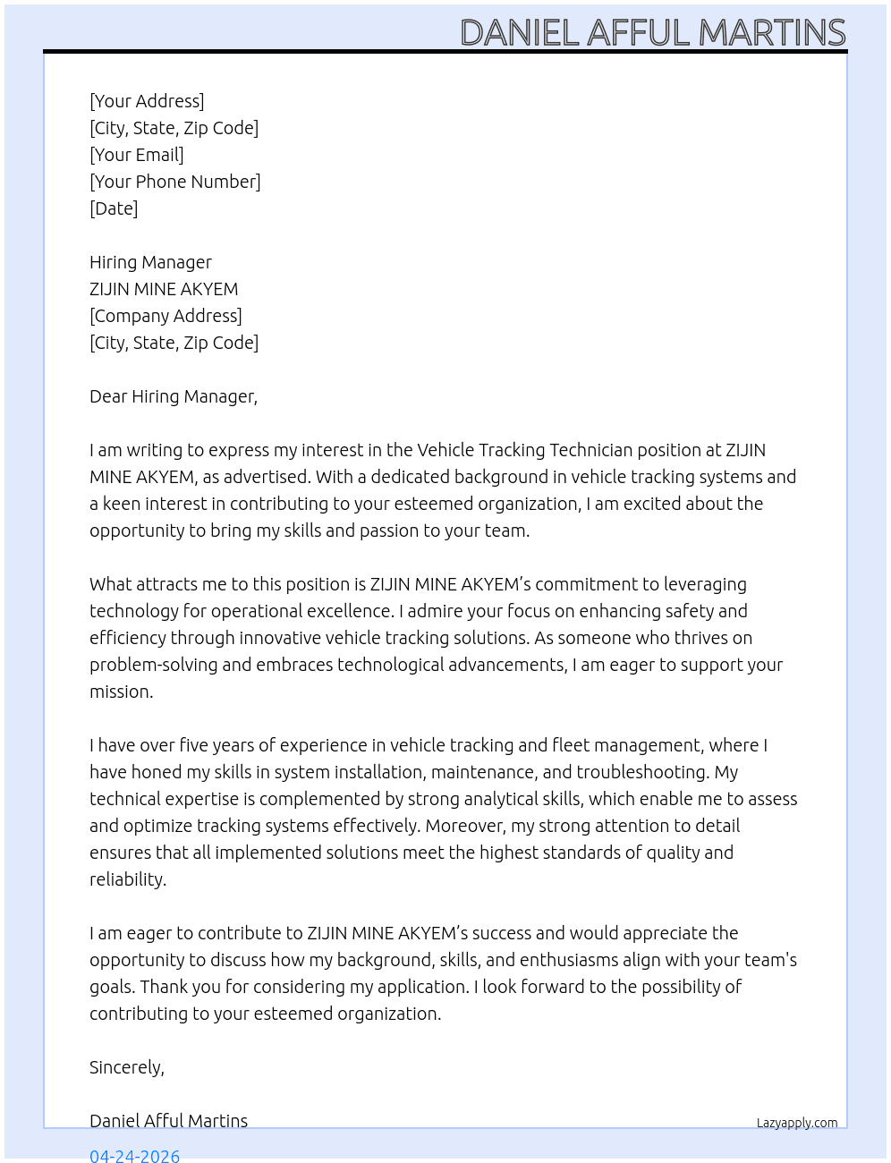Cover letter for vehicle tracking technician - LazyApply