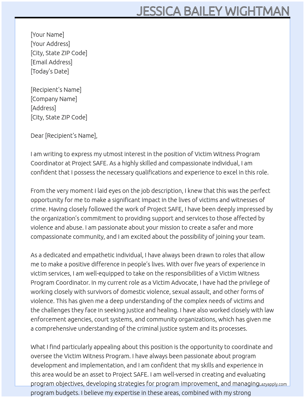Victim witness program Coordinator  At Project safe  Cover Letter