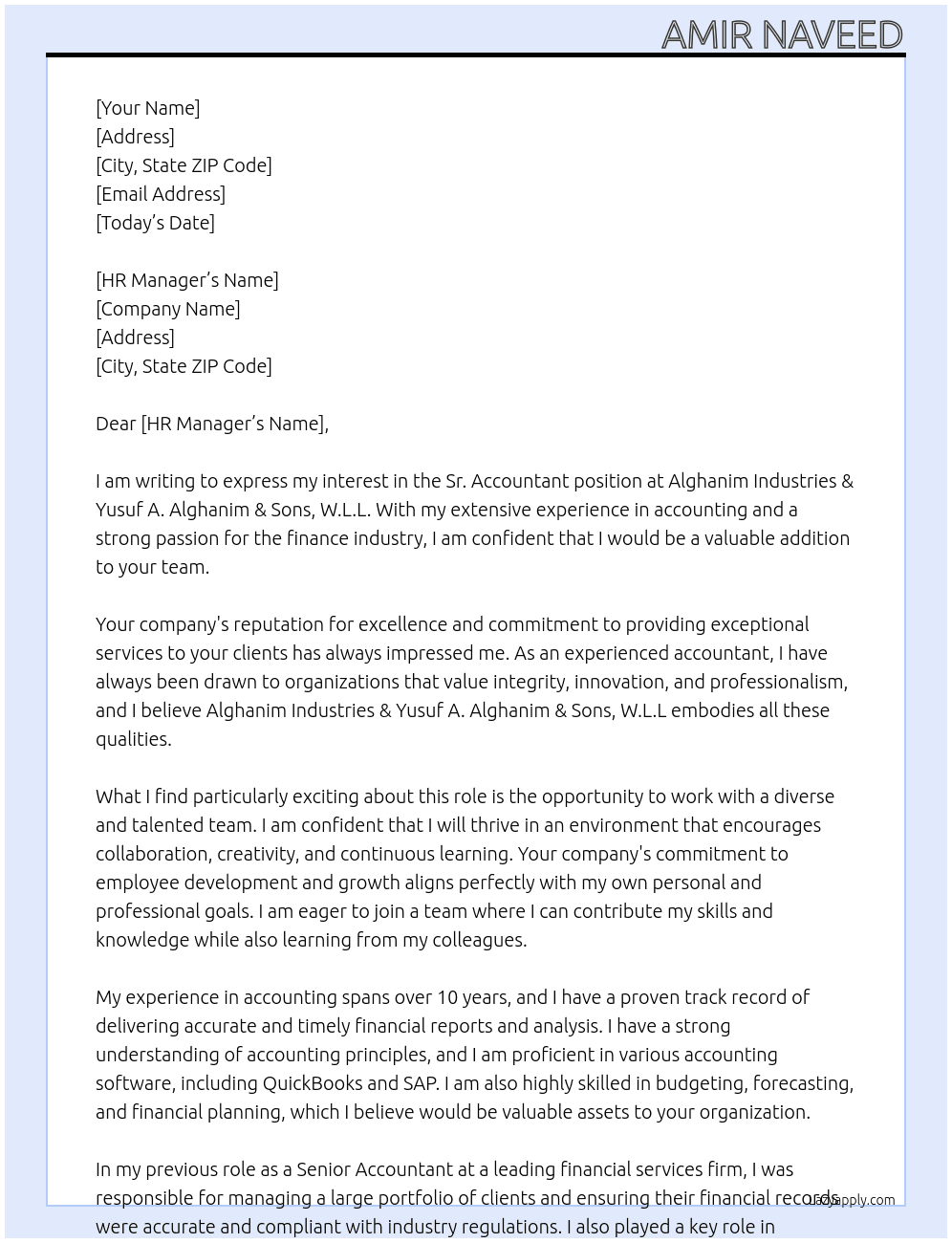 Cover letter for sr. accountant - LazyApply