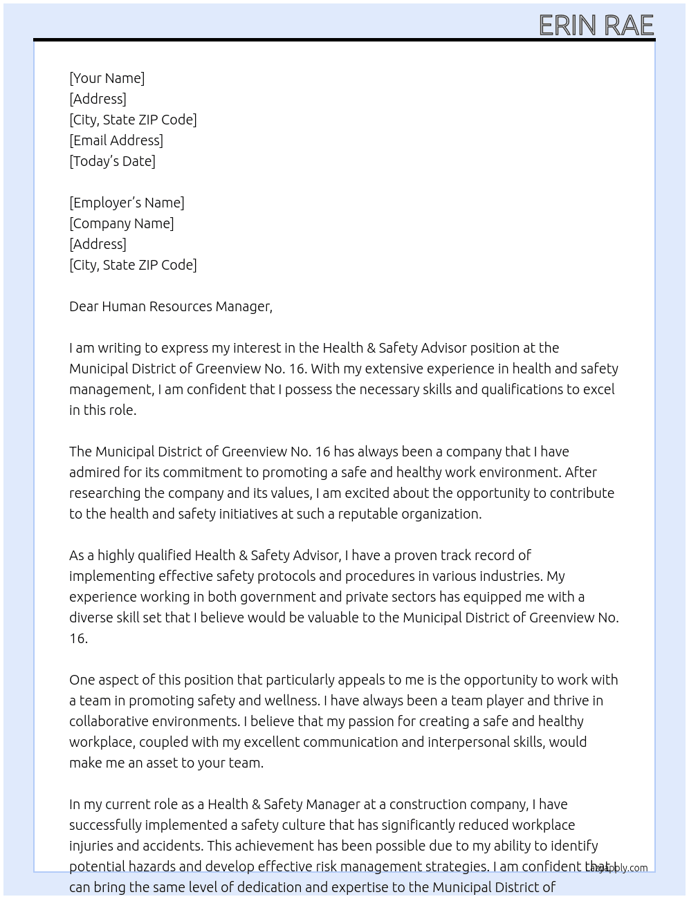 Health & Safety Advisor At Municipal District of Greenview No. 16 Cover Letter