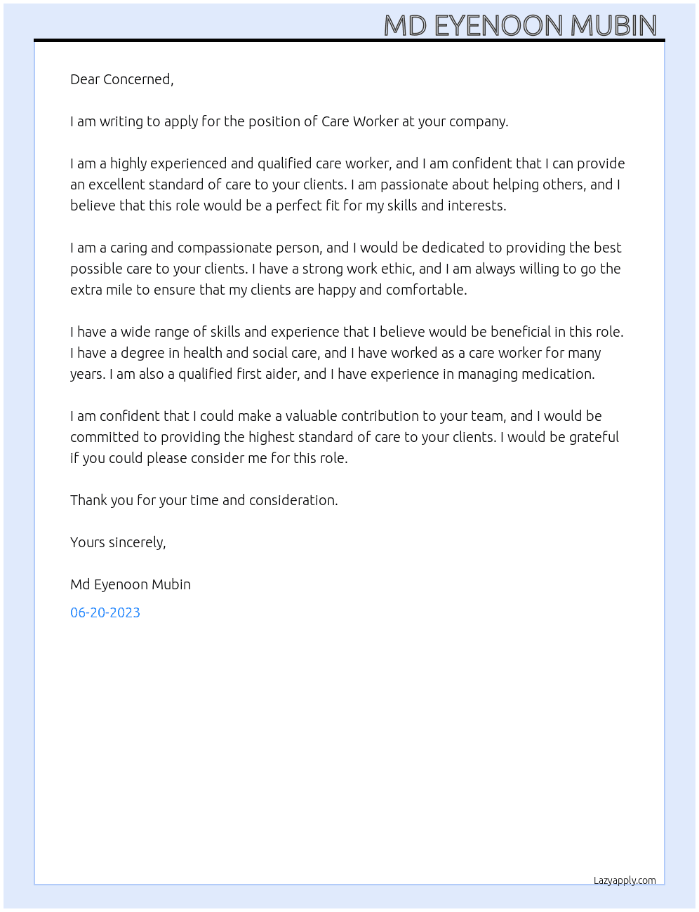 Care Worker At your company Cover Letter