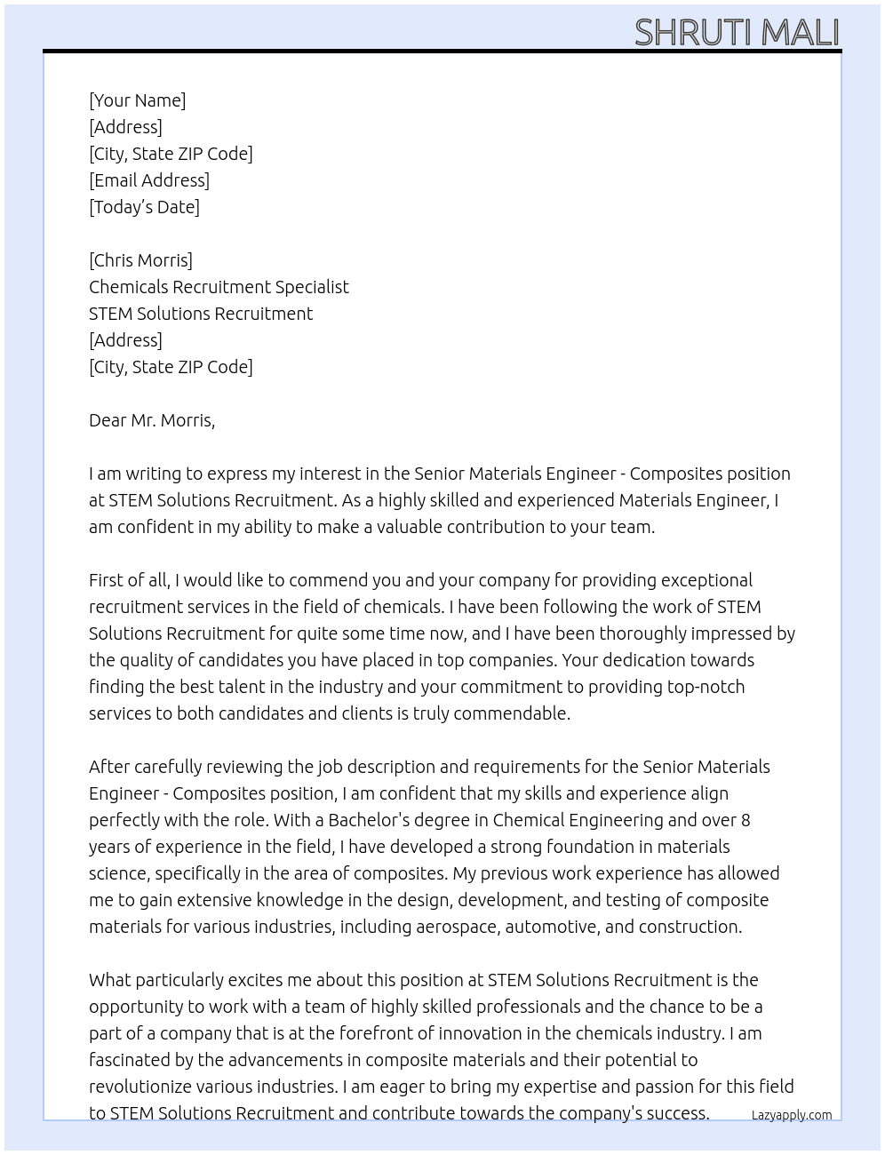 Senior Materials Engineer - Composites At STEM Solutions Recruitment Cover Letter