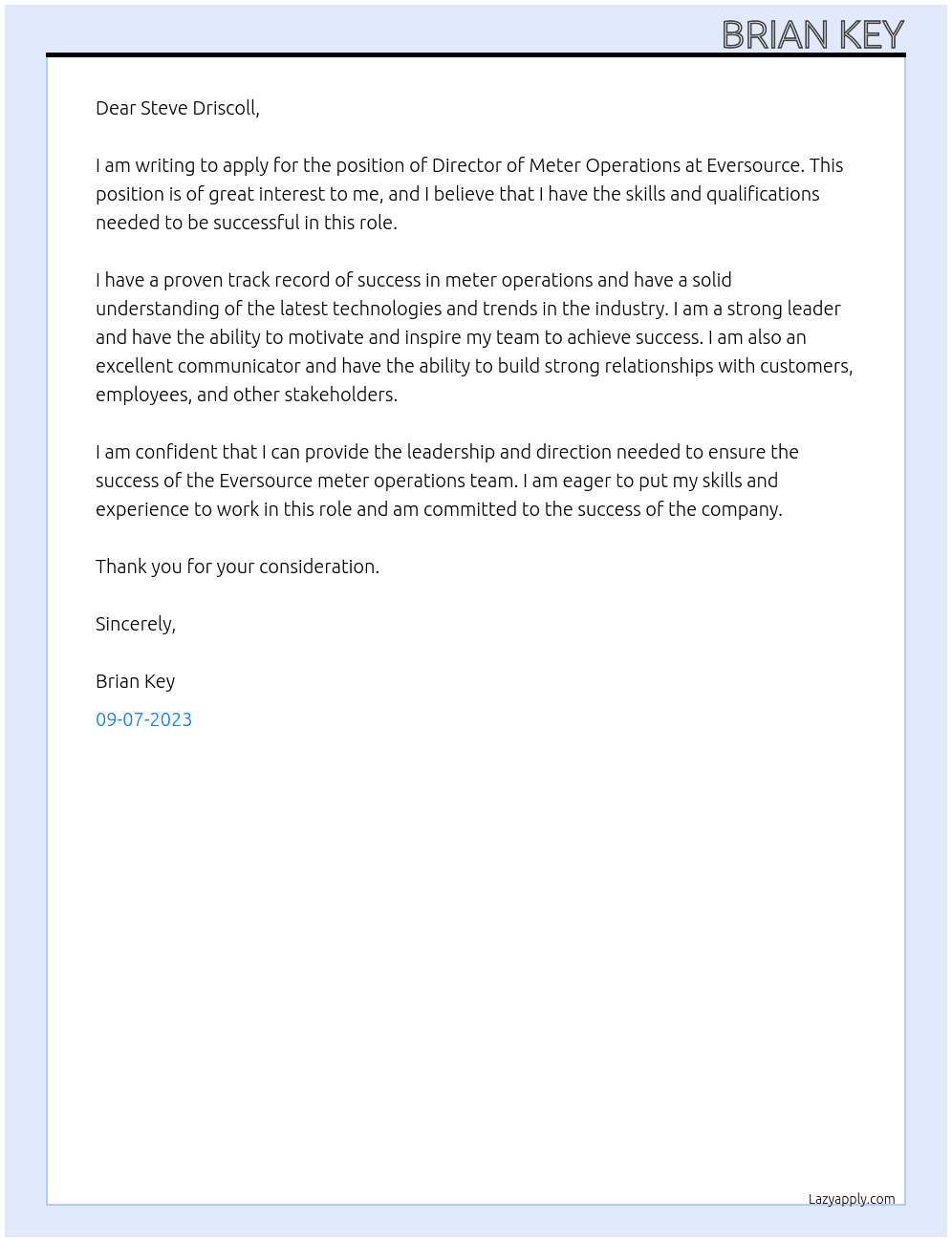 Director, Meter Operations At Eversource Cover Letter