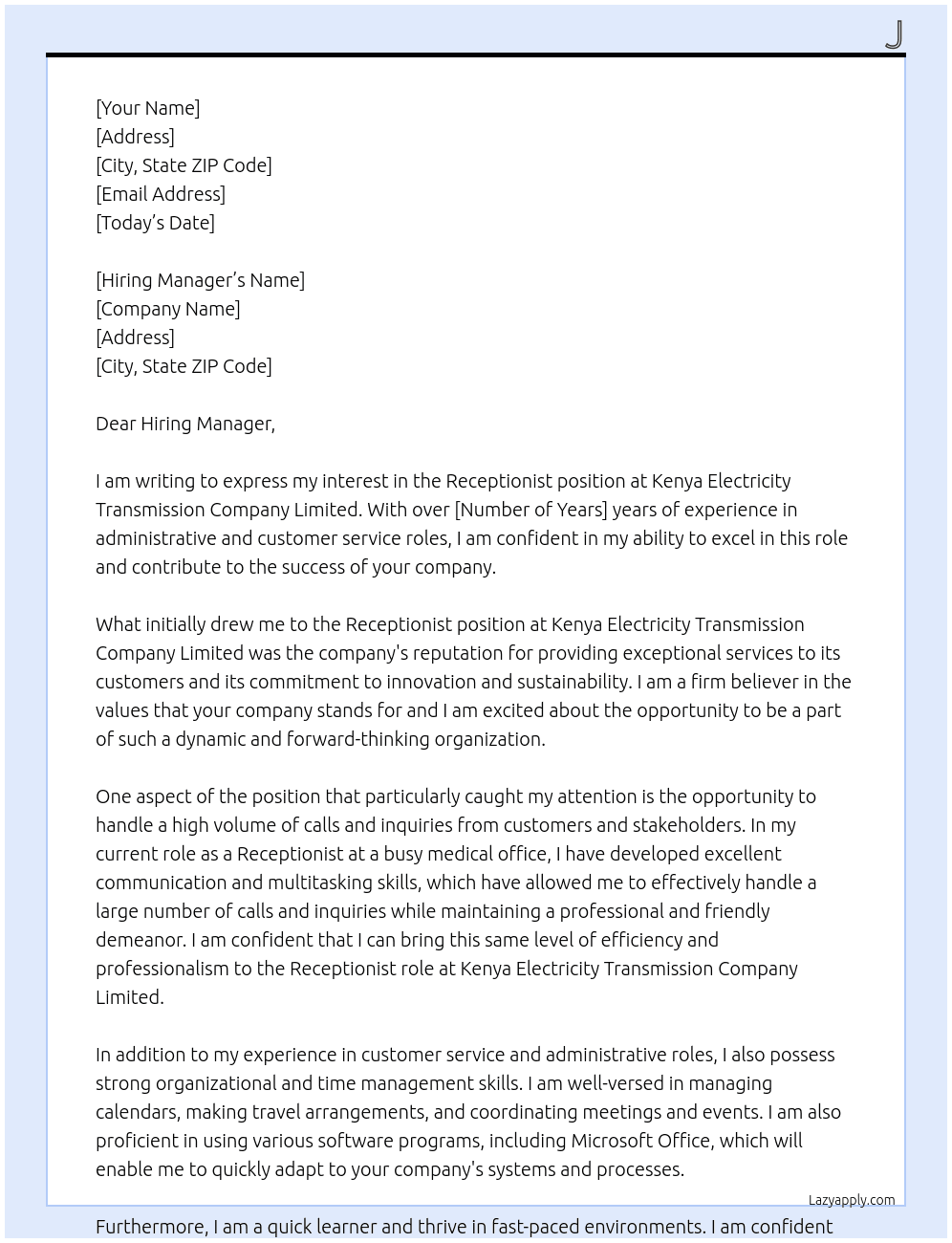 Receptionist At Kenya Electricity Transmission Company Limited Cover Letter