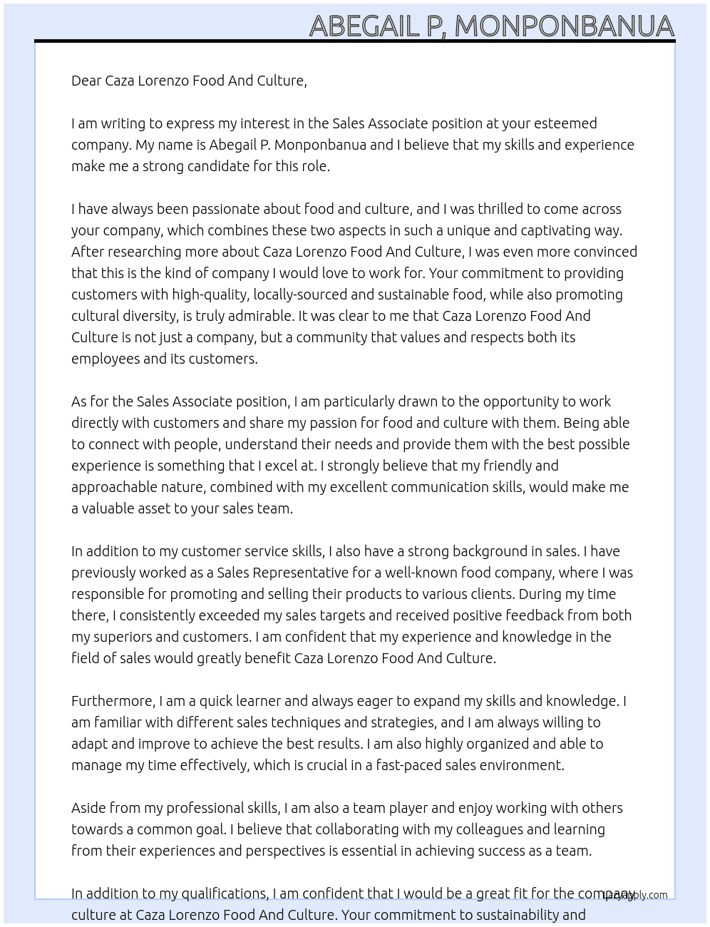 Sales Associate At Caza Lorenzo Food And Culture  Cover Letter