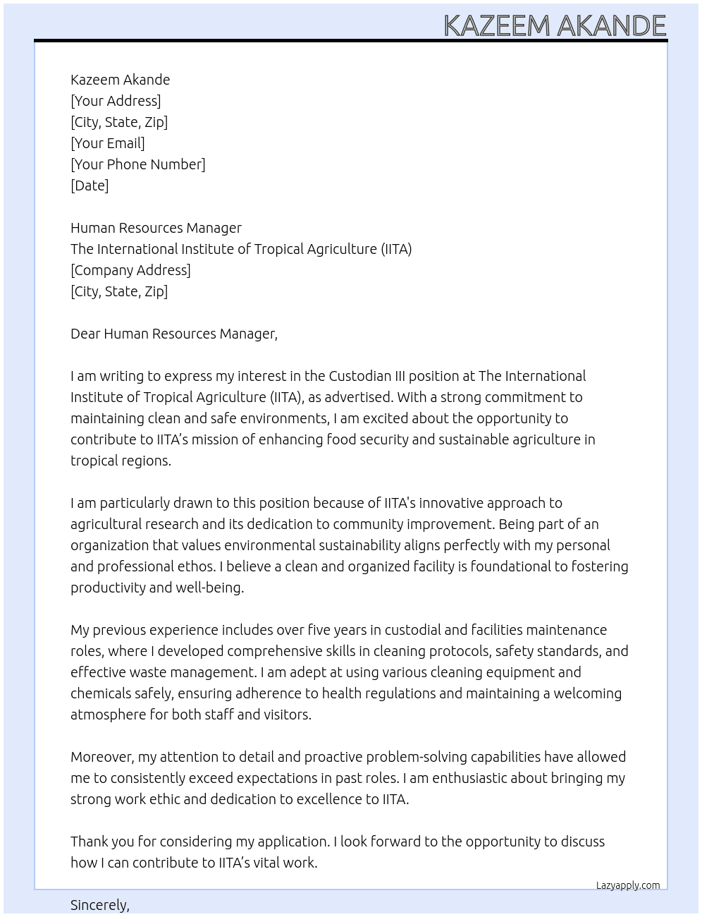 Cover letter for custodian iii - LazyApply