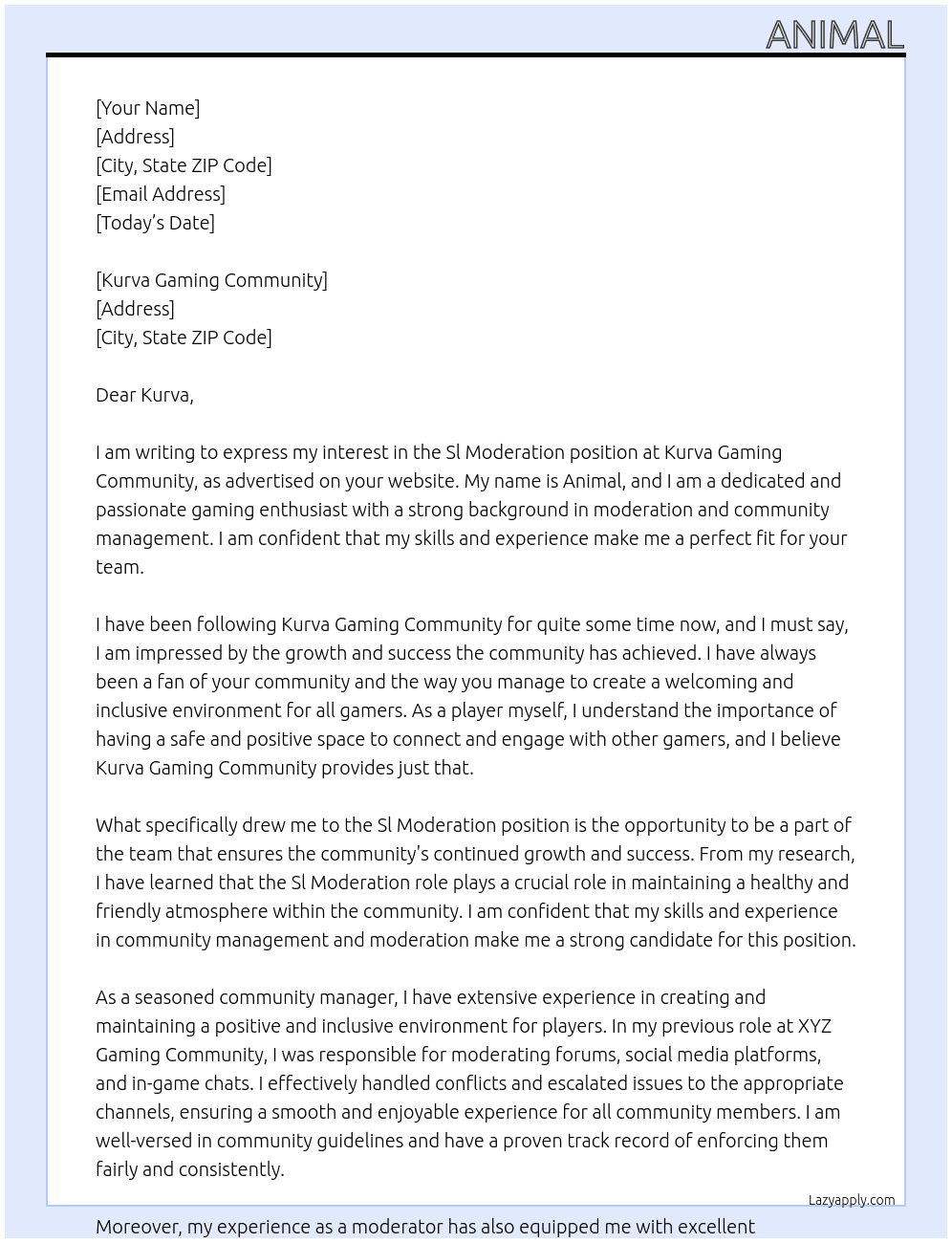 Sl Moderation At Kurva gaming community  Cover Letter