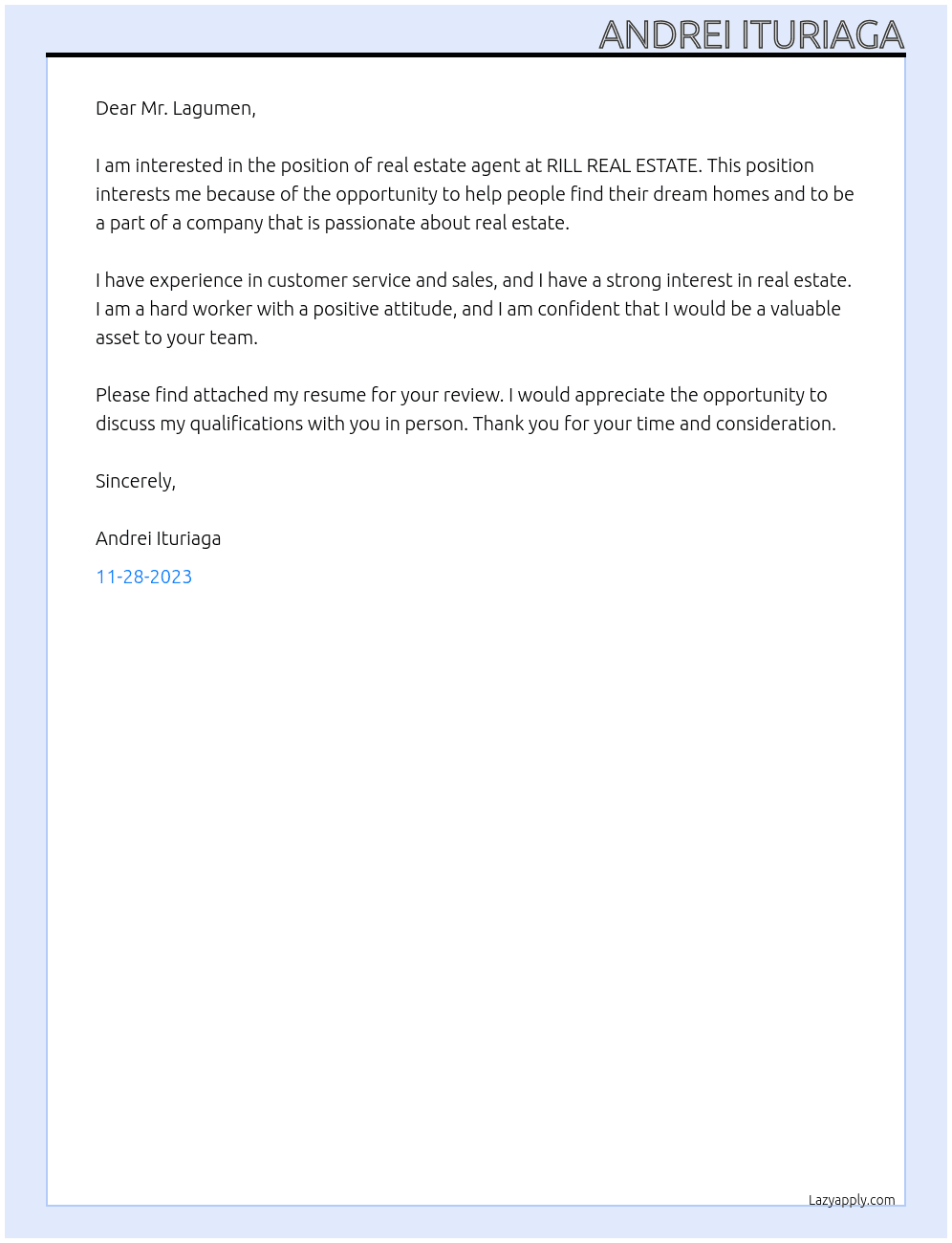 real estate agent At RILL REAL ESTATE Cover Letter