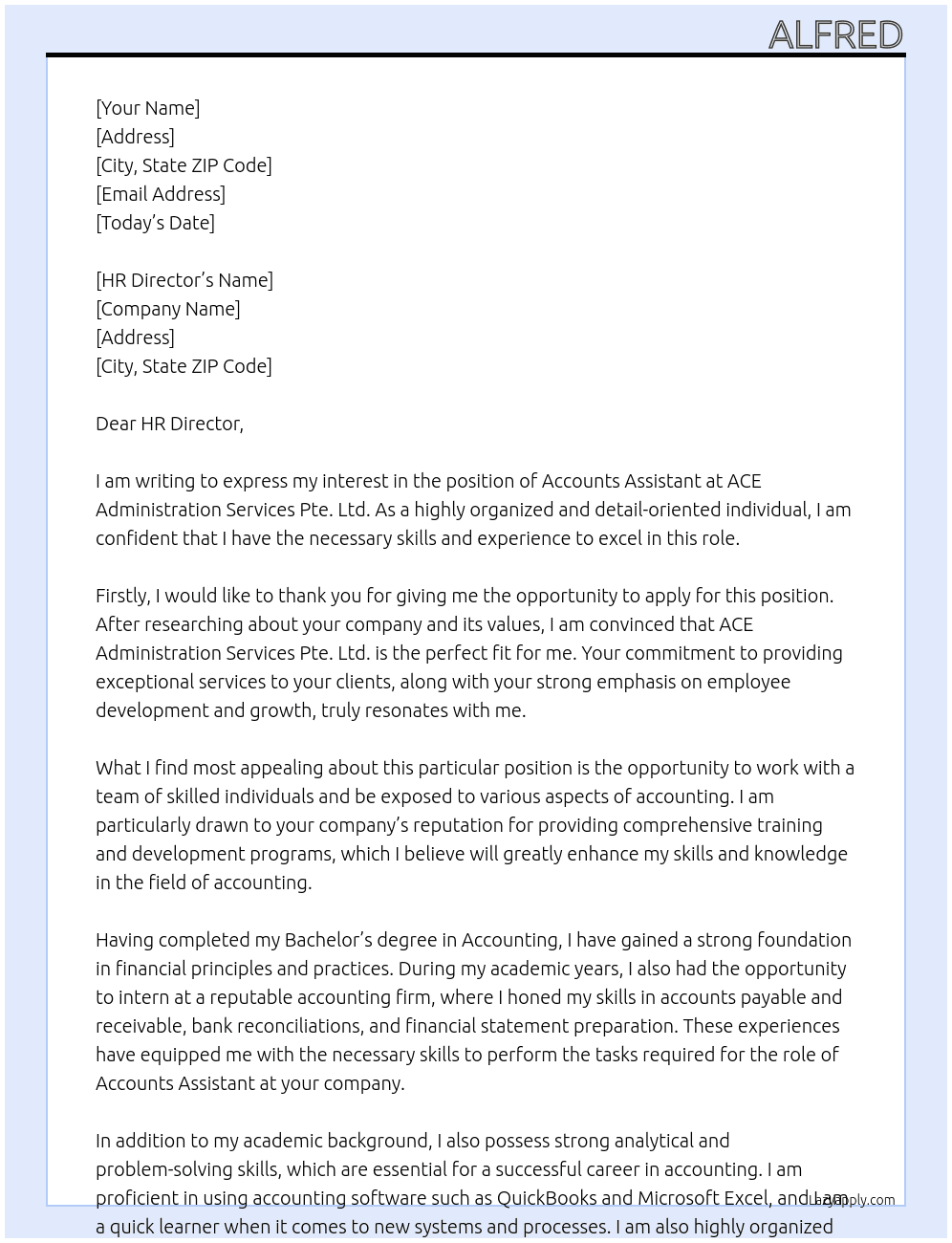 Accounts Assistant At ACE Administration Services Pte. Ltd. Cover Letter