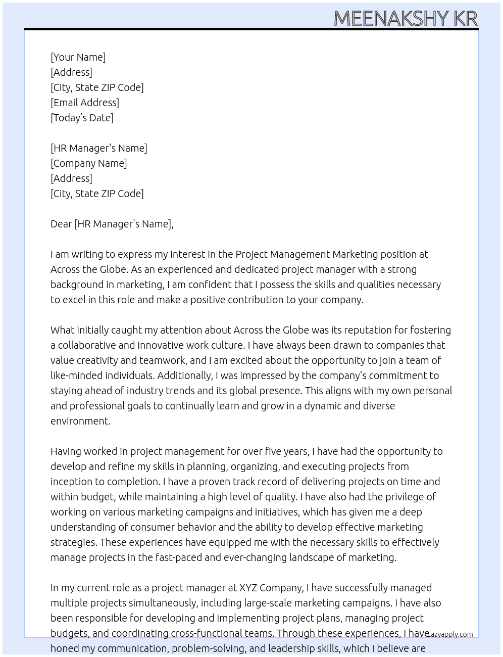 Project management marketing At Across the Globe Cover Letter