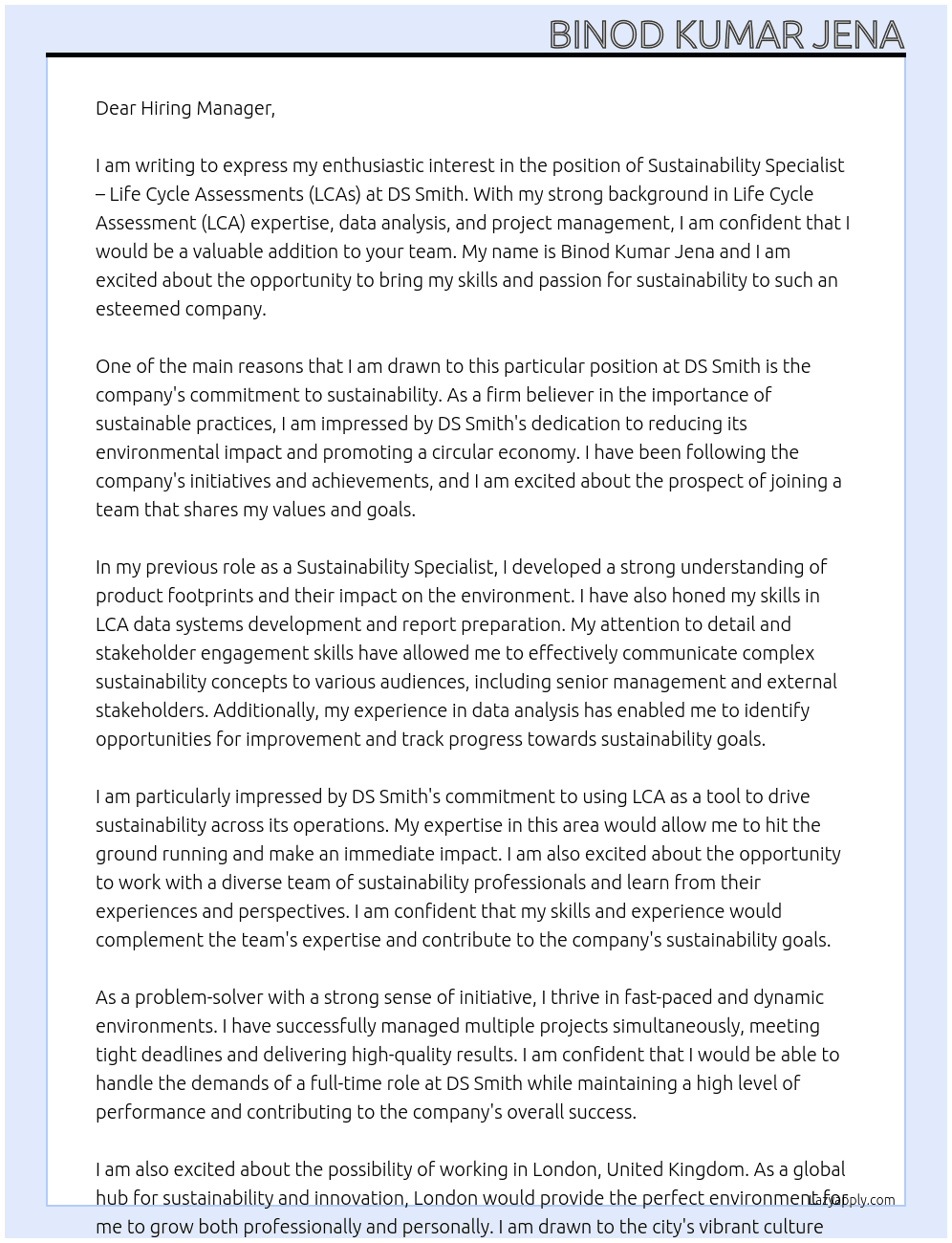Sustainability Specialist – Life Cycle Assessments (LCAs) At DS Smith Cover Letter