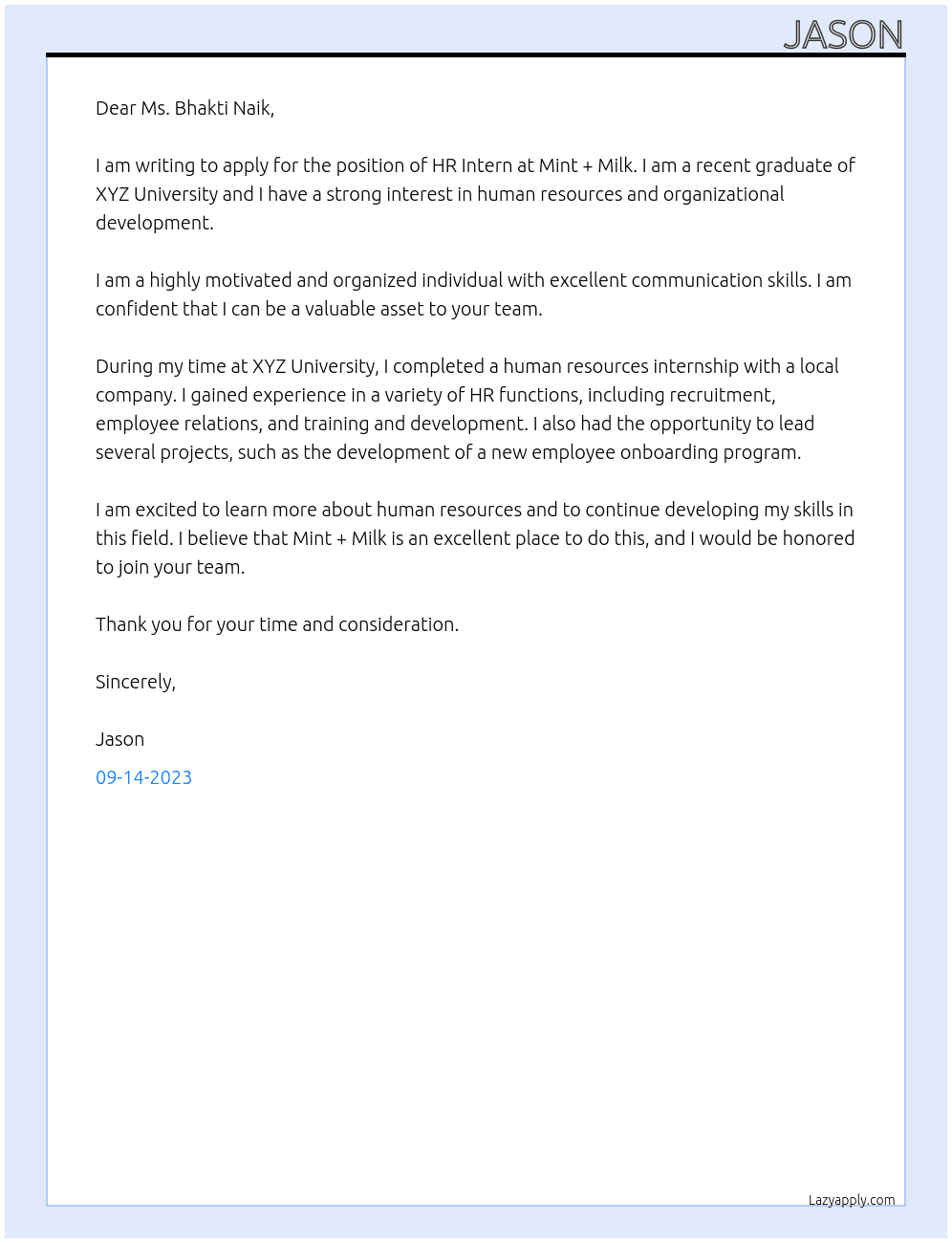 HR Intern At Mint + Milk Cover Letter