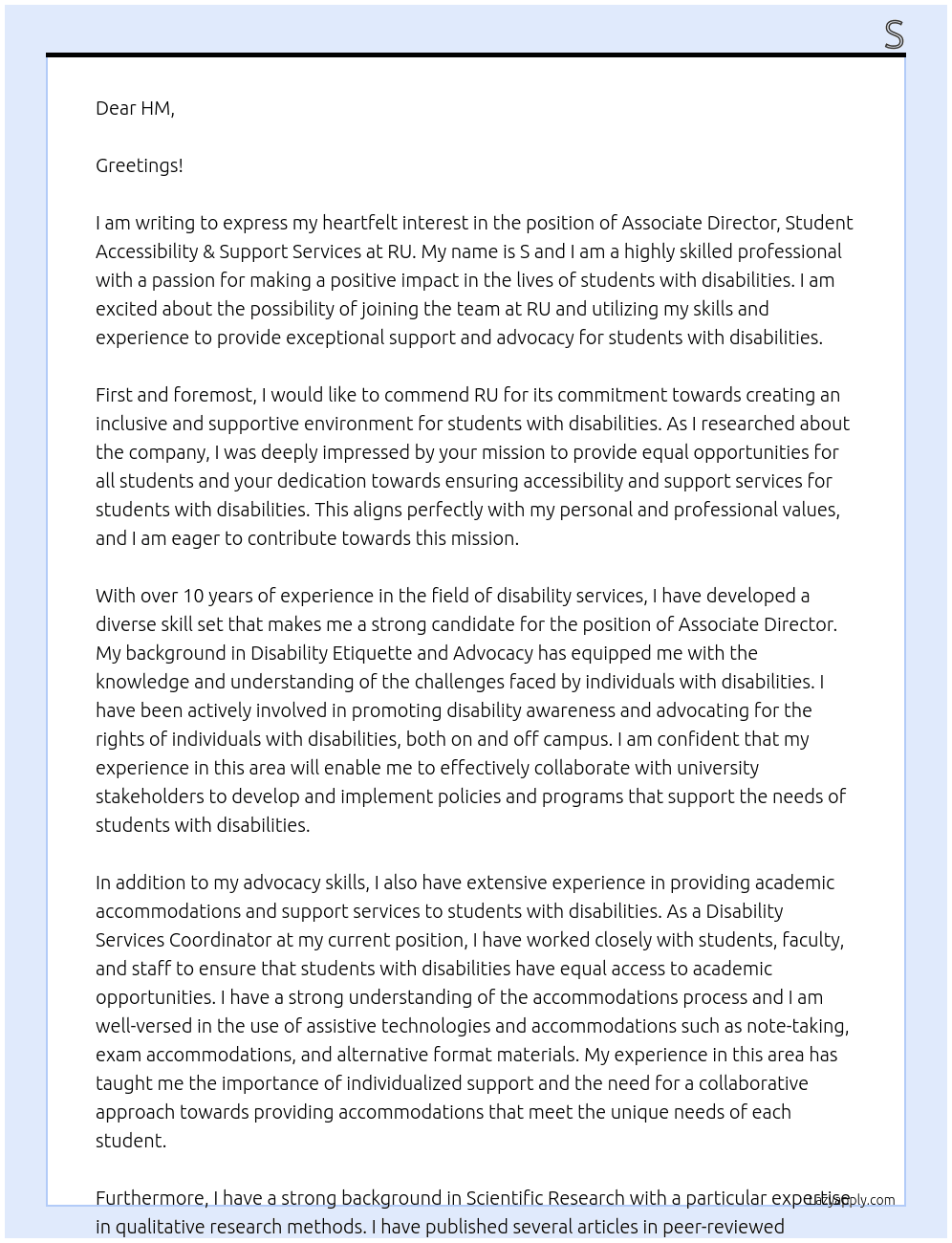 Associate Director, Student Accessibility & Support Services At RU Cover Letter