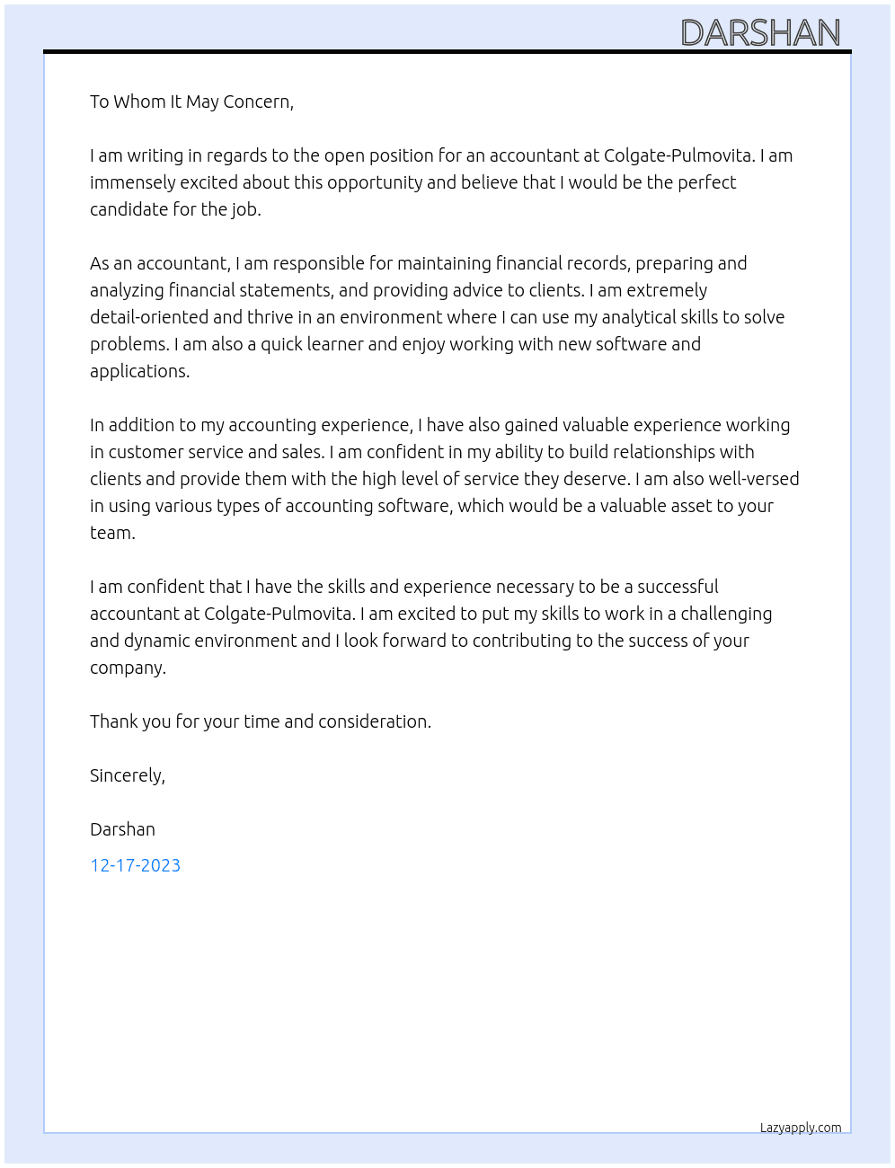 Accountant  At colgate-Pulmovita Cover Letter