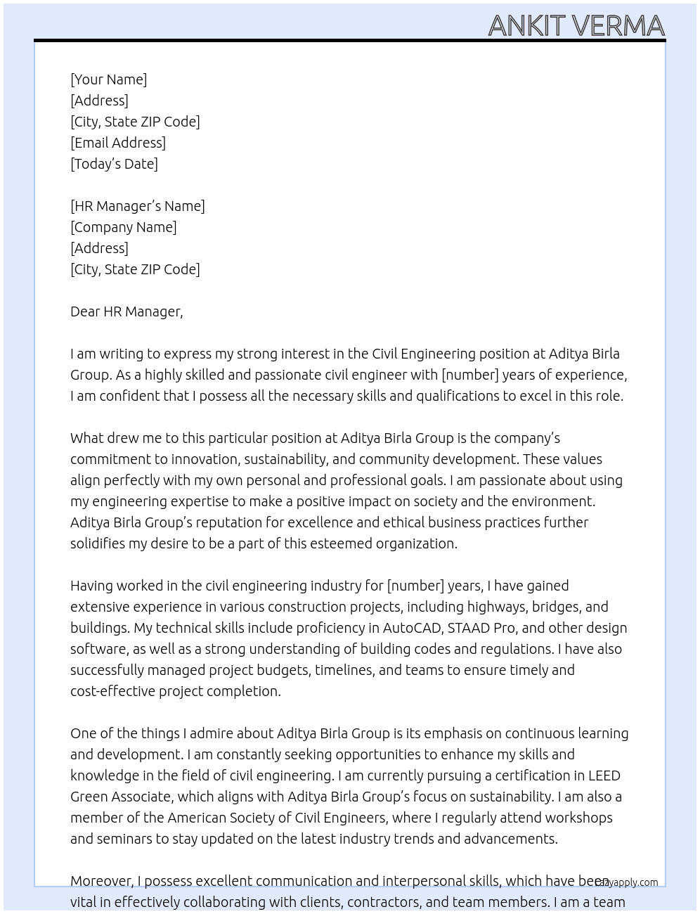 Civil engineering At Aditya Birla Group Cover Letter