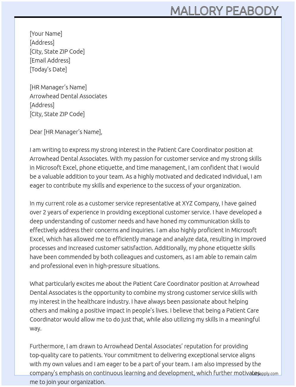 Patient Care Coordinator  At Arrowhead Dental Associates  Cover Letter