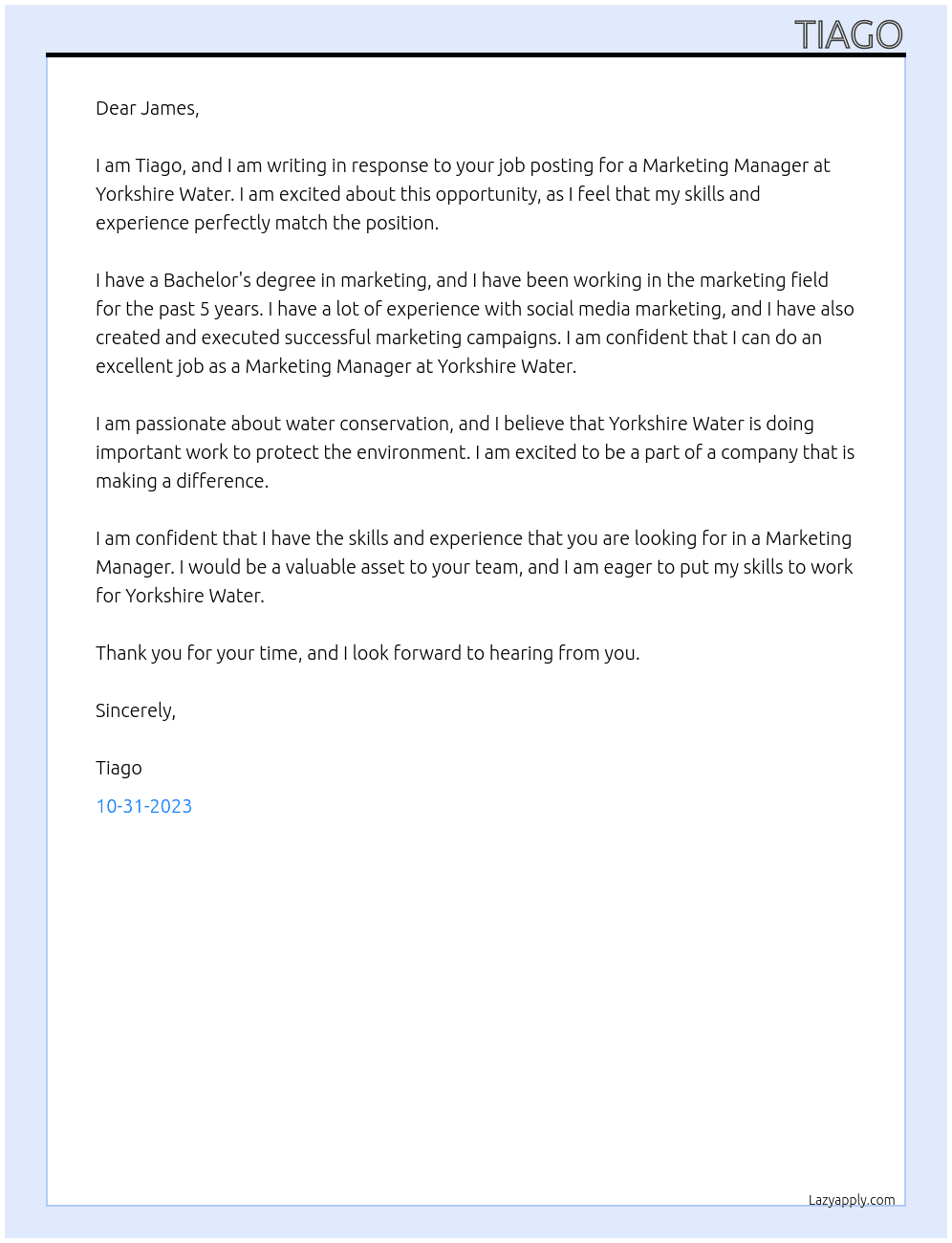 Marketing Manager  At Yorkshire Water Cover Letter