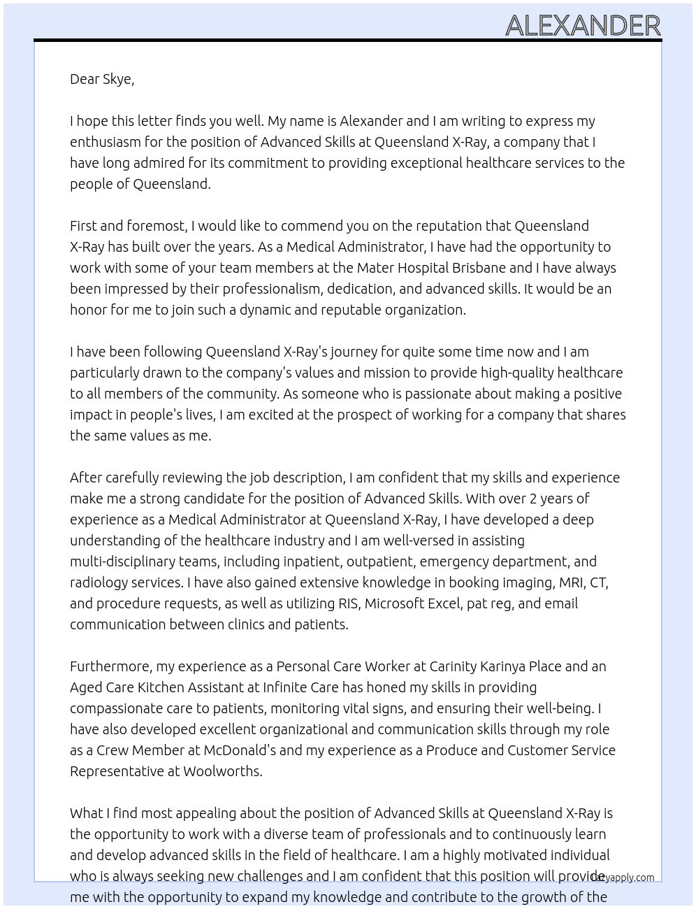advanced skills At queensland xray Cover Letter