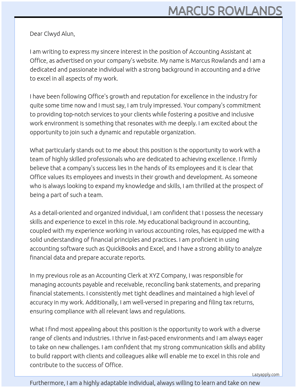 Accounting Assistant At Office Cover Letter