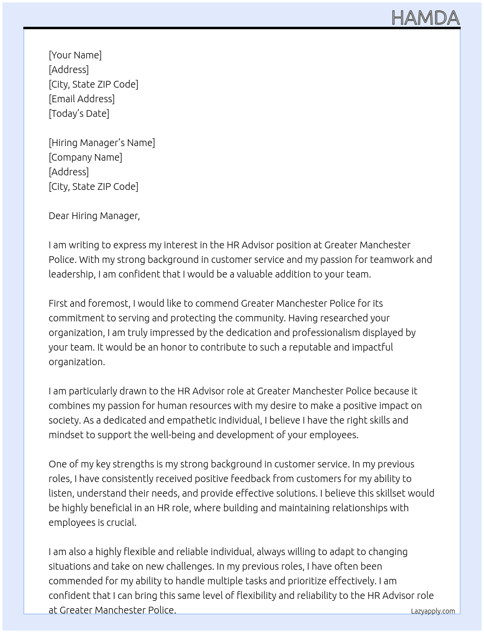Hr advisor  At Greater Manchester police  Cover Letter