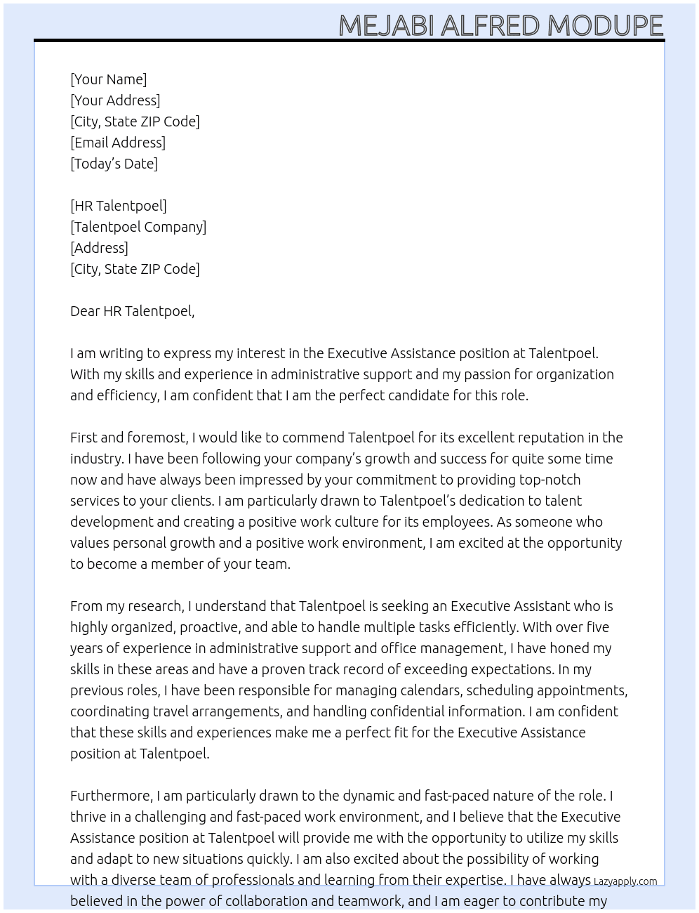 EXECUTIVE ASSISTANCE At Talentpoel Cover Letter
