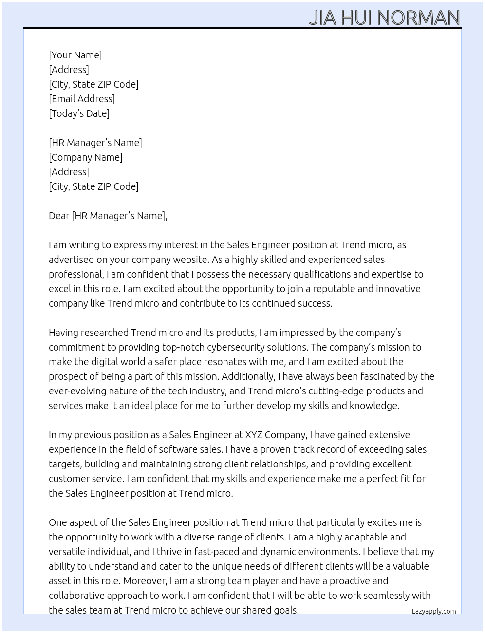 Sales engineer At Trend micro Cover Letter