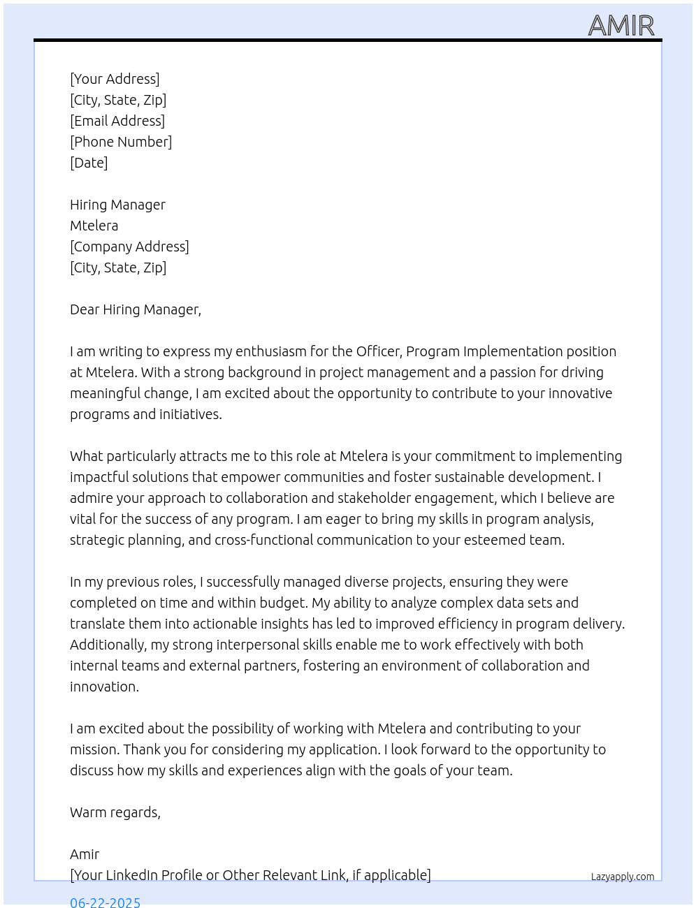 Officer, Program Implementation At Mtelera Cover Letter