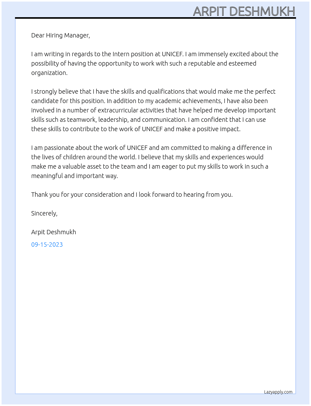 Intern At UNISEF Cover Letter