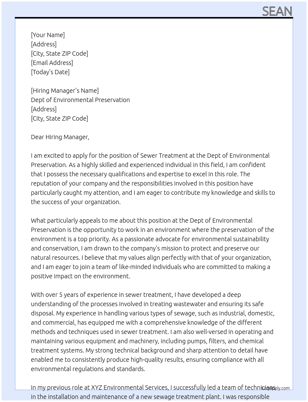 Sewer Treatment At Dept of Environmental Preservation Cover Letter