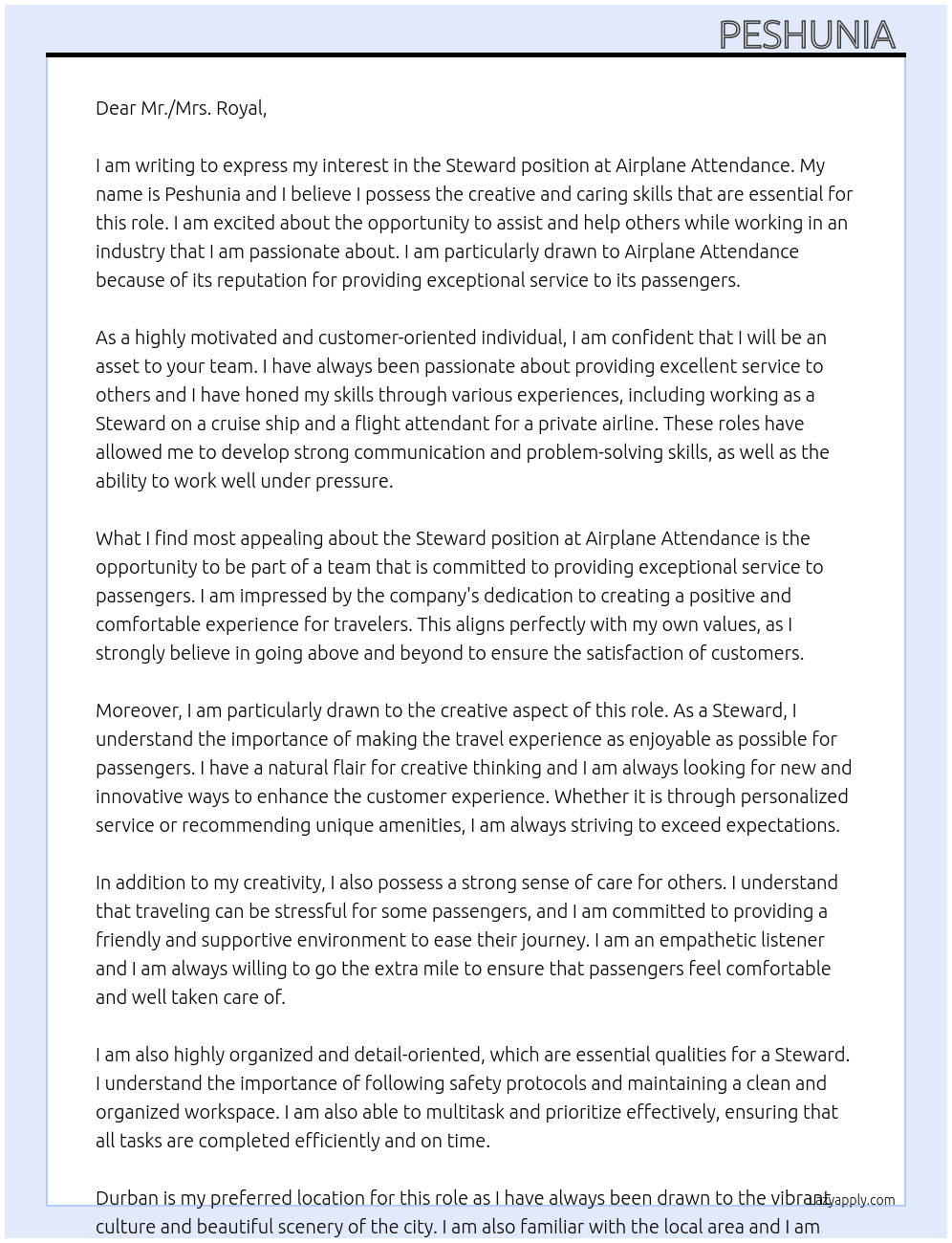 Stewards At Airplane attendance  Cover Letter
