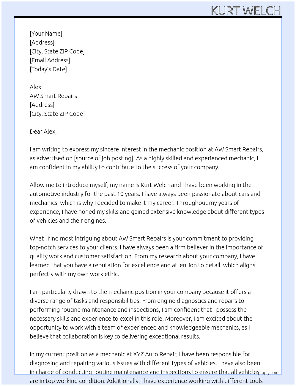 mechanic At AW smart repairs Cover Letter