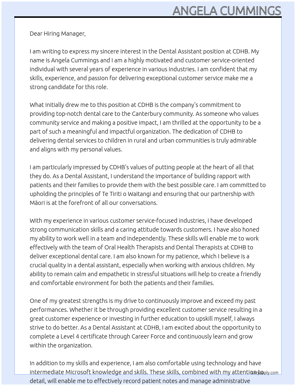 Dental Asisstant At CDHB Cover Letter