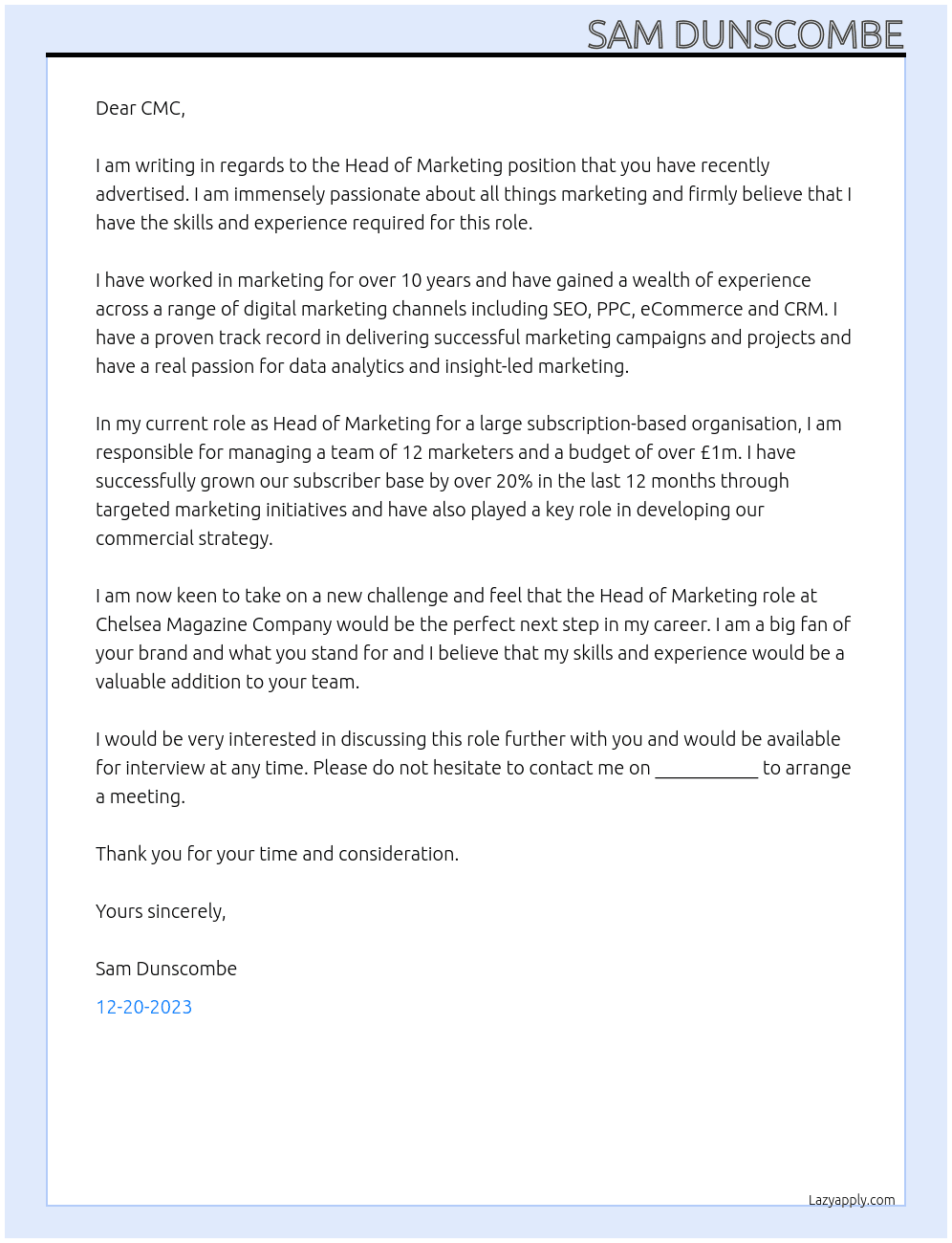 Head of marketing At Chelsea Magazine Company Cover Letter