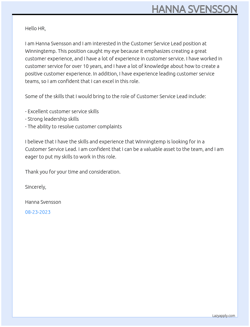 Customer Service Lead At Winningtemp Cover Letter