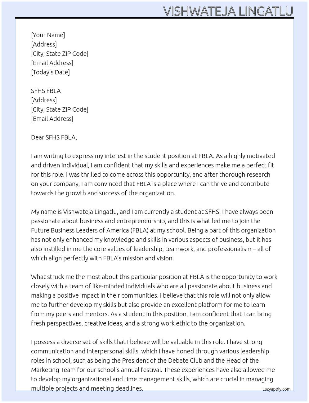 student At FBLA Cover Letter