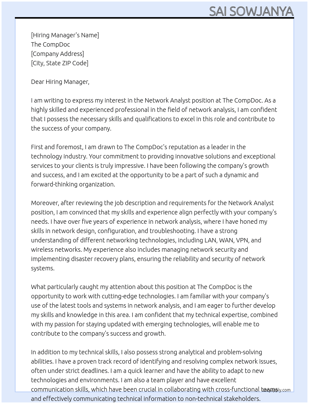 Network Analyst At The CompDoc Cover Letter