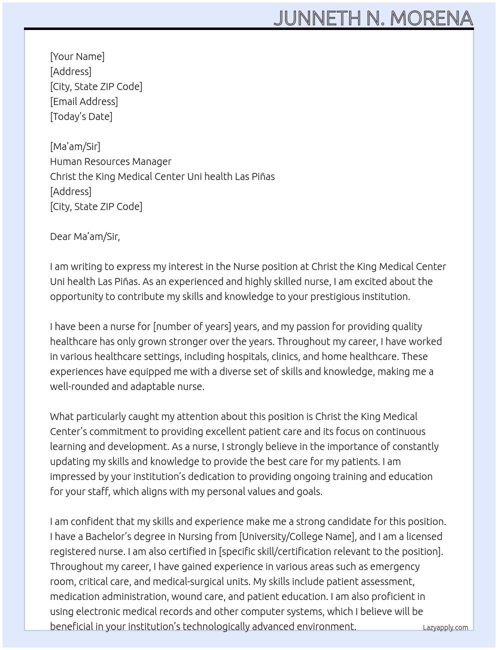 Nurse  At Christ the Kind Medical Center Uni health Las Piñas Cover Letter