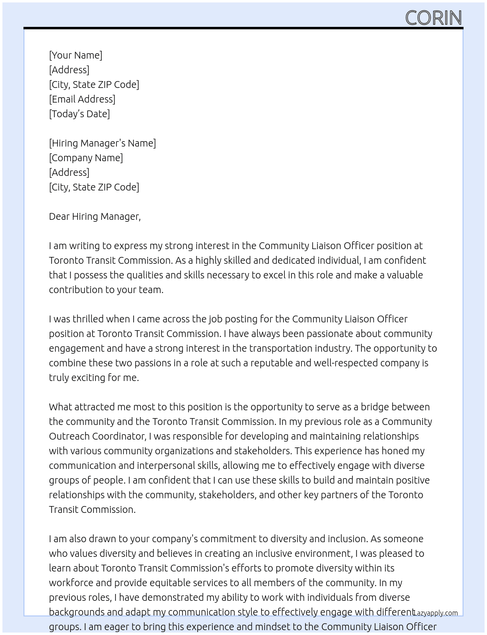 Community Liason Officer  At Toronto Transit Commission  Cover Letter
