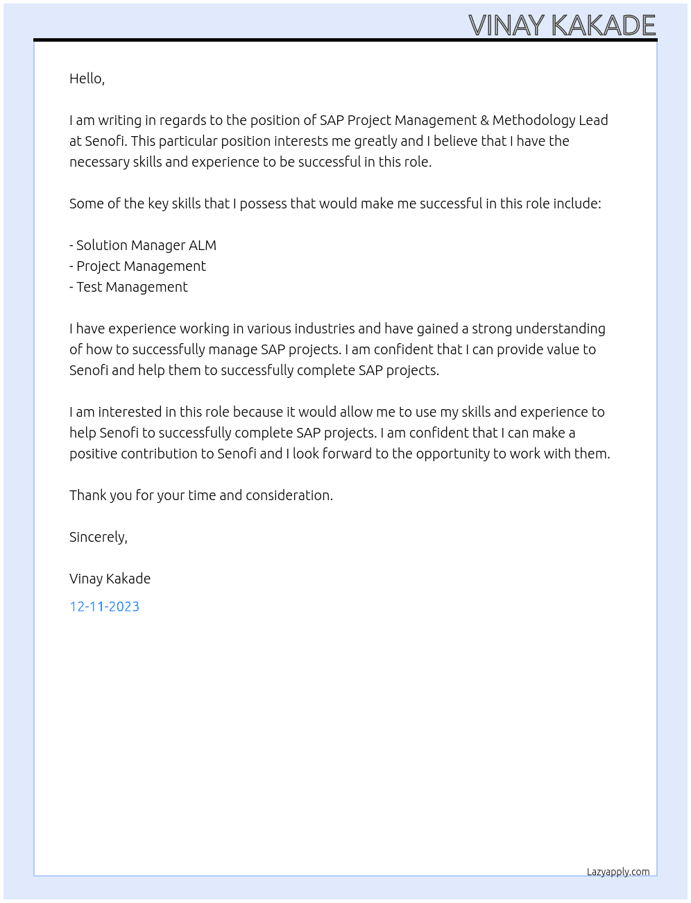 SAP Project Management & Methodology Lead At Senofi Cover Letter